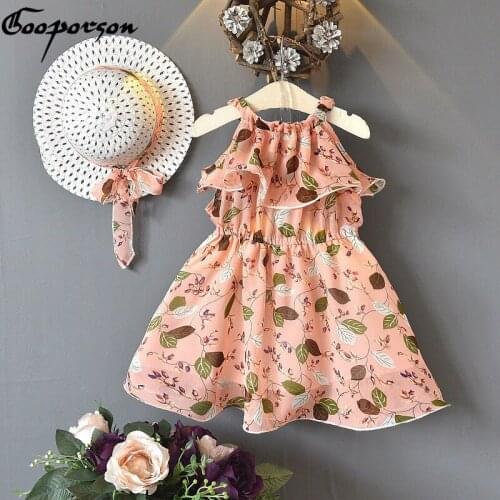 Gooporson Little Girls Dresses Summer Leaf Flower Princess Dress with Lace Hat Vestidos Chiffon Dress Beach Party Costume
