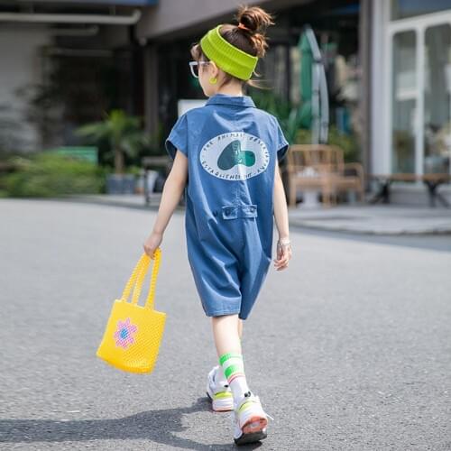 Summer Fashion Kids & Teenage Girls One-Piece Suit Denim Jeans 2020 New Childrens Korean-Style Tooling Jumpsuit