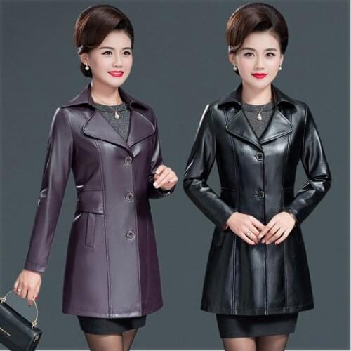 Fashion middle-aged womens autumn and winter leather long long slim large size leather jacket thick mothers PU leather jacket