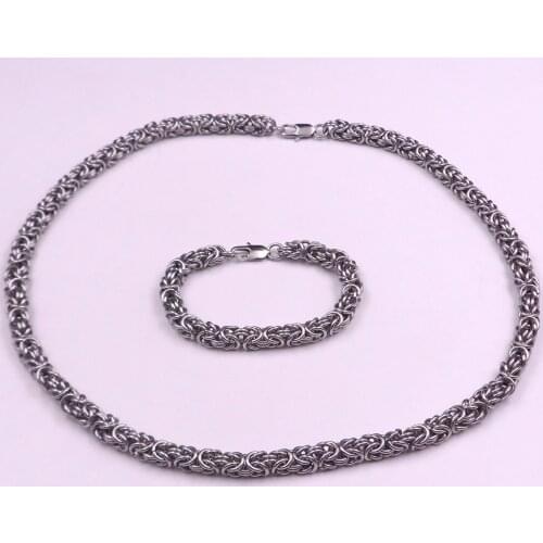 High Quality Handmade Stainless Steel Biker Round Byzantine Chain Link Necklace & Bracelet Mens Jewelry Set 8mm wide