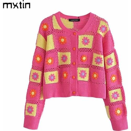 MXTIN 2021 Women Autumn Fashion Floral Crochet Cardigan Sweater Vintage O-Neck Long Sleeve Button Female Outerwear Chic Tops