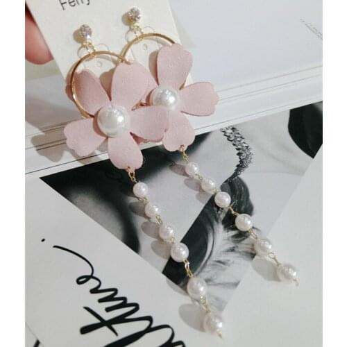 New Woman Drop Earrings Big Flower Long Pearl Tassel Wood Ribbon Bowknot Cute Star Dangle Earrings High Quality Fashion Jewelry