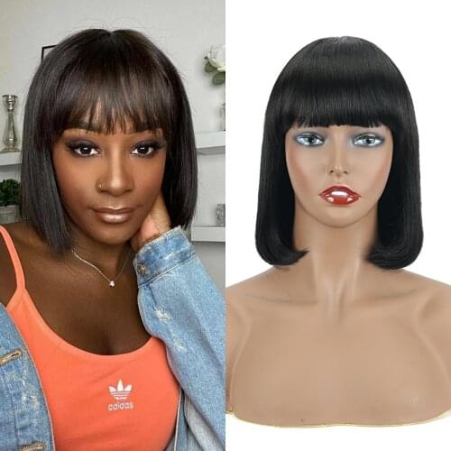 Brazilian Short Bob Wig Straight Human Hair Wigs With Bangs Remy Short Cut Wigs For Women Natural Color Full Machine Made Wigs