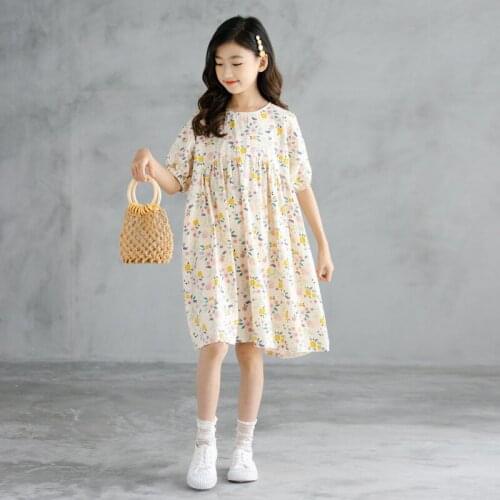 Lantern Sleeve 100% Cotton Teenage Girls Floral Dresses Clothing 2021 New Kids Summer Cute Dress Children Clothes 5 To 17 Years