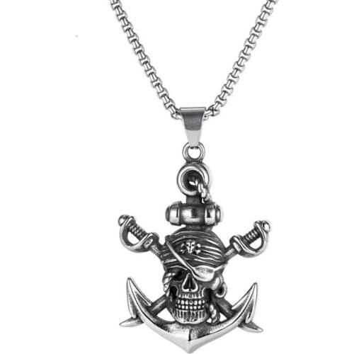Stainless Steel Hip Hop Pirates of the Caribbean Skull Anchor Pendant Necklace Punk Rock Jewelry Gift For Him with Chain