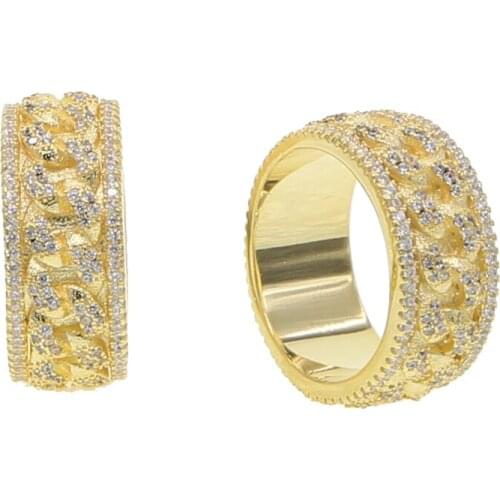 Gold PLATED Hip-hop Fashion Iced Out Sparking Cz Band Rings For Women Men Trendy Curb Miami Cuban Link Chain Finger Jewelry 2021