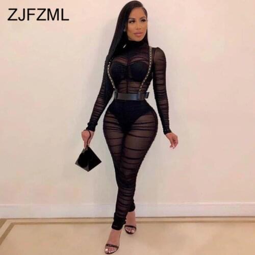 Sheer Mesh See Through Romper Women Jumpsuit Turtleneck Long Sleeve Skinny Bodysuit Autumn Neon Green Club Party Bodycon Catsuit