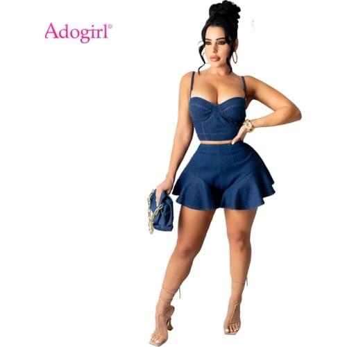 Adogirl Adogirl Women Jeans Two Piece Set Spaghetti Straps Crop Top Ruffles Shorts Skirts Fashion Casual Denim Suit Streetwear