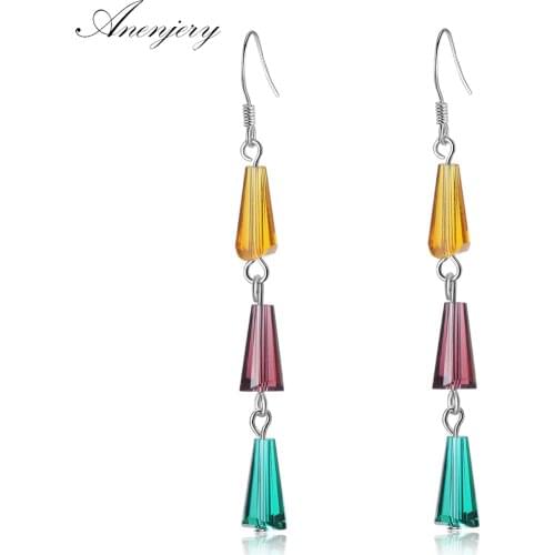 ANENJERY 925 Sterling Silver Multicolored Artificial Crystal Rainbow Long Tassel Earrings For Women Girl oorbellen S-E658