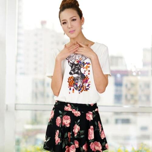 Women Ladies Clothing Set White Animal Printed T shirt+Flower Printed Short Pant Skirt suit women crop top and skirt set