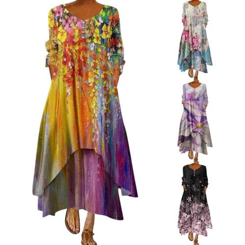 Causal Print Autumn Dress Women Pocket Long Floral Loose Maxi Dress Fashion Bohemian Beach Dress Летняя женская одежда 2021 New