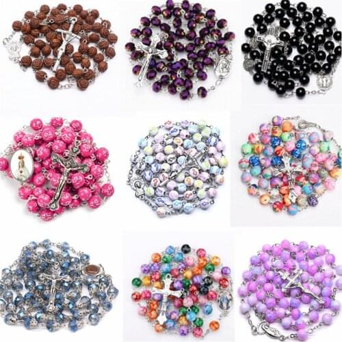 9 Styles Fashion Handmade Rosary Necklace Cross Pendant Christian Catholic Virgin Glass Chains Beads Jewelry