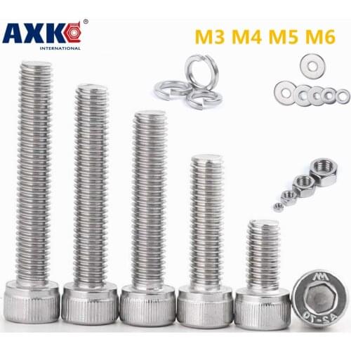 10Pcs M3 M4 M5 M6 Screw Bolts Flat Gasket Nuts DIN912 Stainless Steel 304 Hex Allen Socket Cap Round Cylindrical Head Screws AXK