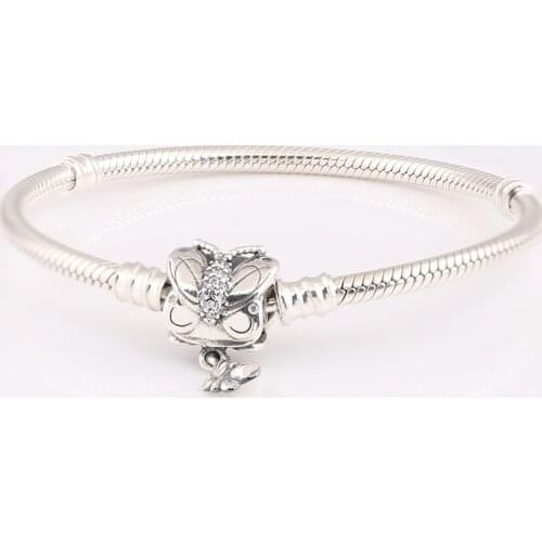 Authentic S925 Sterling Silver Decorative Butterfly With Crystal Bracelet Bangle For Women fit Lady Bead Charm DIY Jewelry