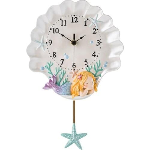 Free Shipping Mermaid Wall Clock Sea World Pendulum Clock Fairy Lady Kids Room Ornament Resin 24 Quartz Mute Single Face 1200