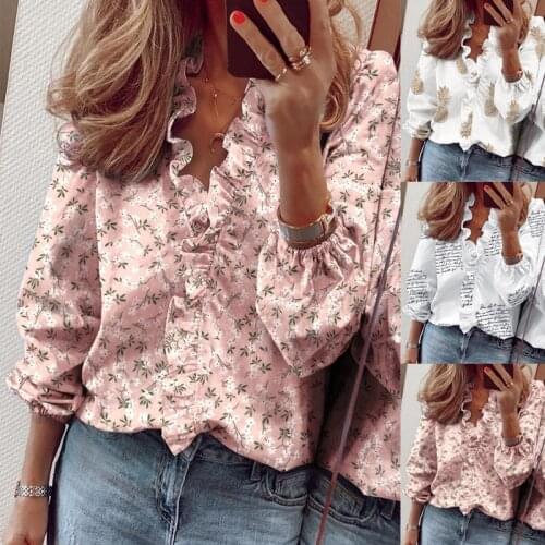 Perfectmeetu21 Spring Autumn Women New Hot Long-sleeved Printed Ruffled Shirt Floral Blouse