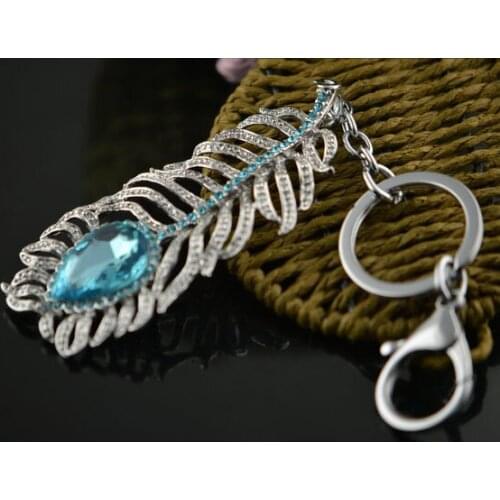 Pretty Peacock Feather Key Chain Pendant Pink Blue Rhinestone Crystals Key Chain