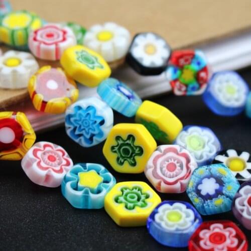 38cm 11mm Lampwork Glass Beads flower beads Hexagon Shape Mix Patterns Mix colors Fashion Beads for jewelry Bracelet DIY