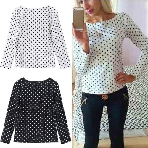 Hirigin Women Sutumn Basic O Neck Tops Long Sleeve Polka Dot Chiffon Blouse Casual Shirts