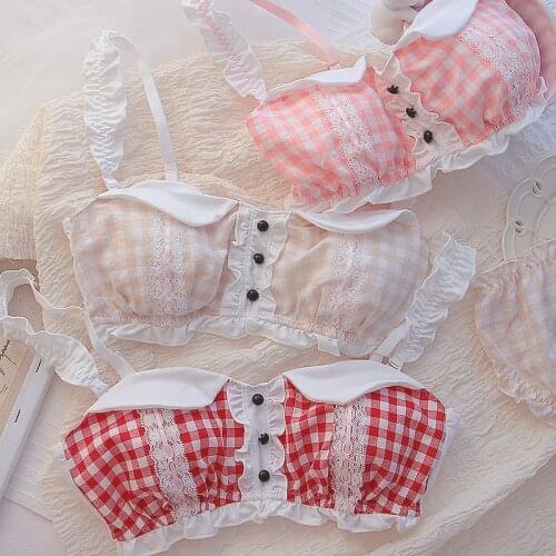 School Girl Intimate Sexy Lolita Bra and Panty Set Lace Plaid Kawaii Push Up Bras Underwear Set Pink Bra Set Lingerie Femme 2021