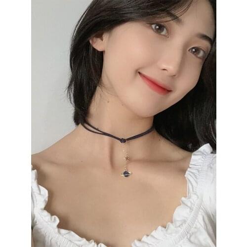 Pink Black Short Leather Collar Chain Cute Cosmic Planet Earth Pendant Choker Necklace For Women Girls