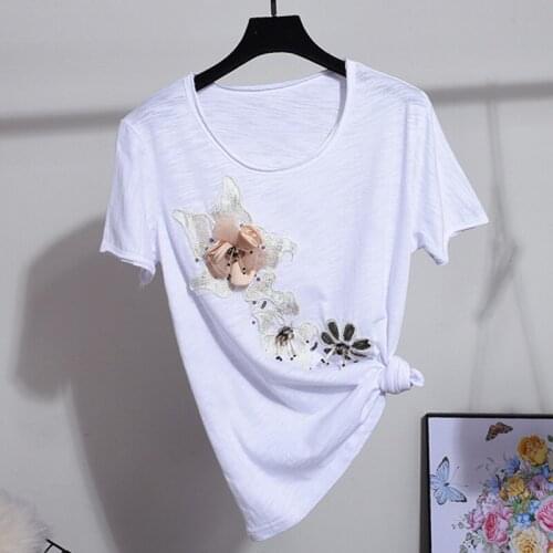 Summer High Quality Runway Womens Cotton T-shirt Flower Printing Luxurious Beading Diamond Leisure Top Sequined Tops & Tees