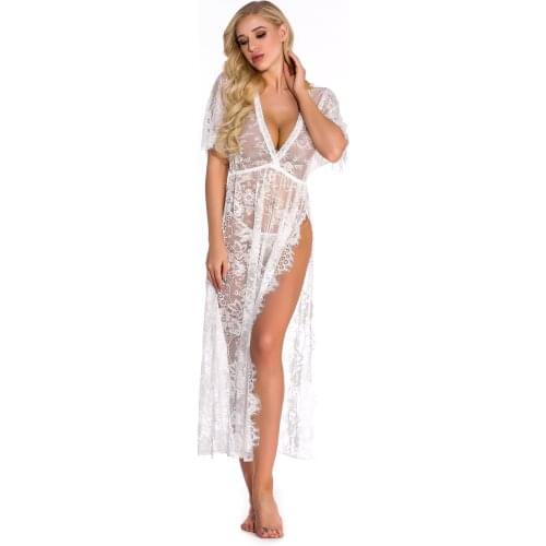 Fashion sexy lace fun pajamas, womens underwear, two-piece set of perspective lace short sleeve dress, low waist thong