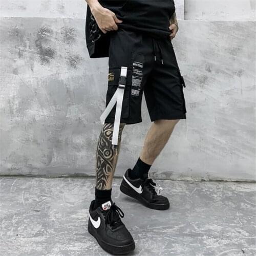 2021 Summer White Ribbons Patchwork Techwear Cargo Shorts Men Casual Streetwear Short Pants Bermuda Masculina