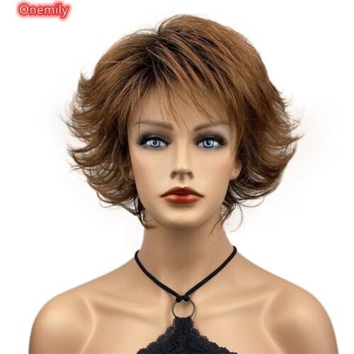 Onemily Fluffy Short Straight Womens Fashion Wig for Daily Wear Shaggy Synthetic Natural Hair