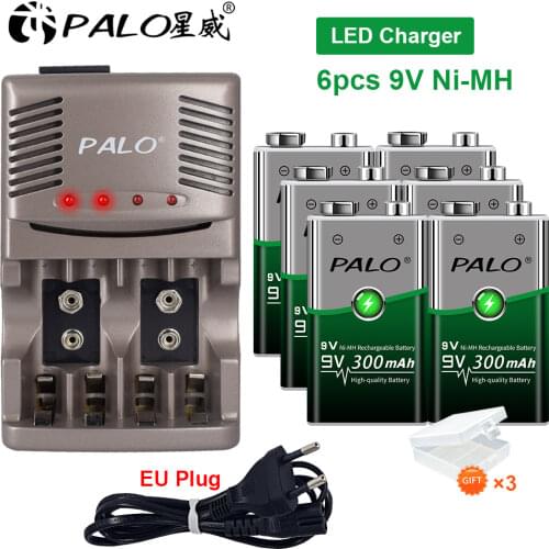 PALO 9V 300mah nimh Rechargeable Battery with LED charger for 1.2v nimh aa aaa rechargeable battery 9v nimh battery rechargeable