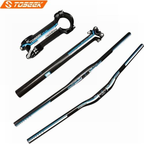 TOSEEK Blue 3K Carbon Bicycle Flat/Riser Handlebar + Stem + Seatpost Bike MTB Handlebar Set Mountain Bike Parts