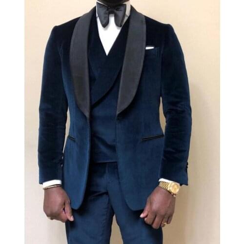 Navy Blue Velvet Casual Men Suits for Prom 3 piece Wedding Groom Tuxedo African Man Fashion Clothes Set Jacket Vest with Pants