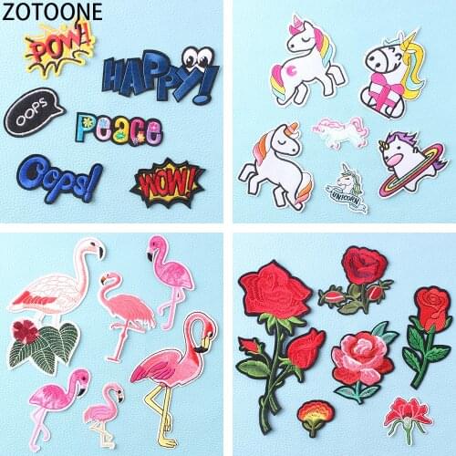 ZOTOONE 6Pcs Flamingo Unicorn Iron on Patch Diy Letters Embroidered Patches for Clothes Flowers Badges Applications for Clothing