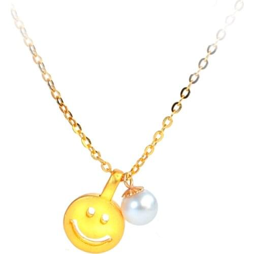XF800 Real 24K 999 Gold Fine Jewelry Necklace Smiley and Natural Pearl Pendant Pure 18K Chain Wedding Gift for Women D571