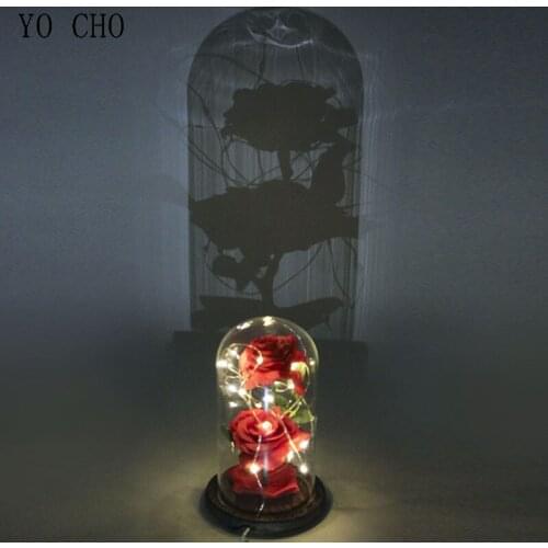 YO CHO Artificial Rose Flower In Flask LED Flash Rose Lamp Romantic Valentines day Gift Chritmas Home Wedding Decor Glass Cover