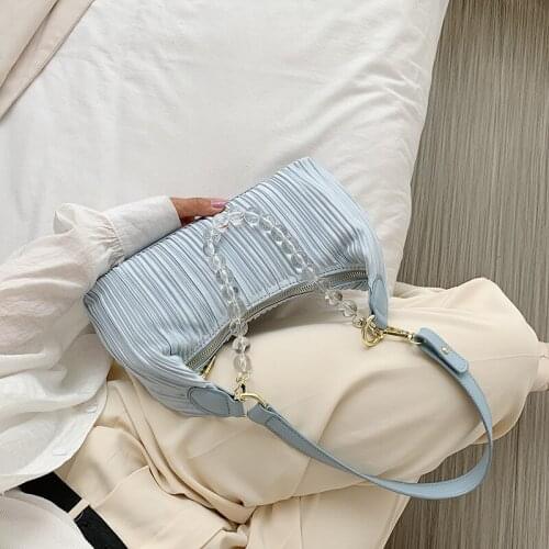 Fashion Silk Small Square Bag For Ladies Beaded Chain Shoulder Bag Vintage Solid Color Top Handle Bag Folds Ladies Handbags 2021