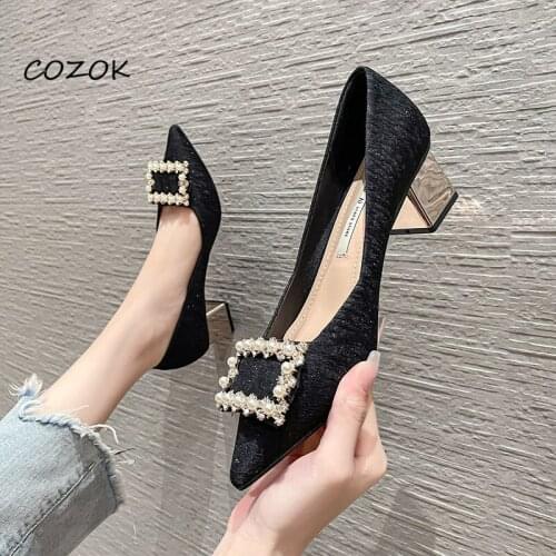 2021 Crystal Square Button OL Shoes for Women Party Night Fashion Sexy Shoes High Heels