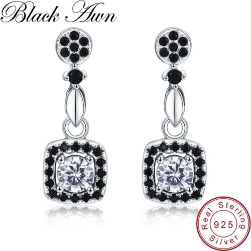 [BLACK AWN] Vintage 2.07g 925 Sterling Silver Earrings Black Spinel Flower Engagement Drop Earrings for Women Fine Jewelry T206