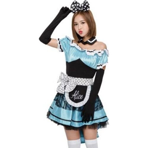 Blue Women Halloween Maid Alice Costumes Female Housekeeper Waitress Cosplay Carnival Purim Nightclub Bar Role Play Party Dress