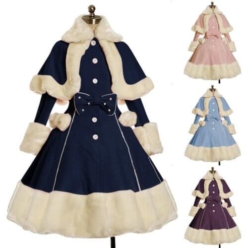 Women Lolita Coat Warm Fur Collar Bowknot Dress Jacket Fashion Sweet Princess Breasted Overcoat Female Coats Jackets