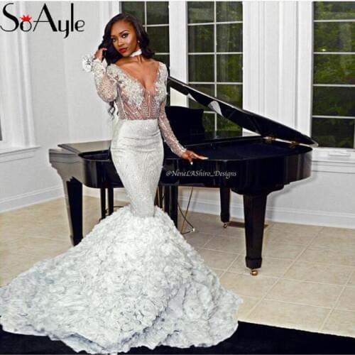 SoAyle Mermaid Evening Dresses Long Sleeves Roses Prom Dresses Glitter Lace Applique Vestidos De Festa Sparkle Formal Dress