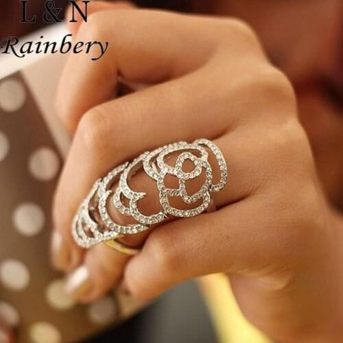 2021 Fashion Jewelry Super Beautiful And Charming Full Crystal Ring Large Ring Hollow Out Rose Flower Ring