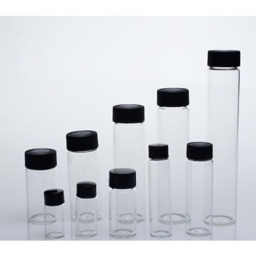 Free shipping 3ml to 50ml Clear Glass sample bottles with black plastic screw cap, essential oil bottle for lab use