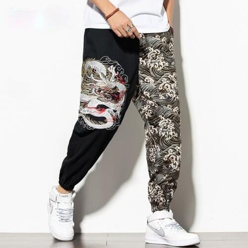 Dragon Embroidery Harem Pants Men Joggers Mens Pants Korean Streetwear Mens Casual Pants Hip Hop 2021