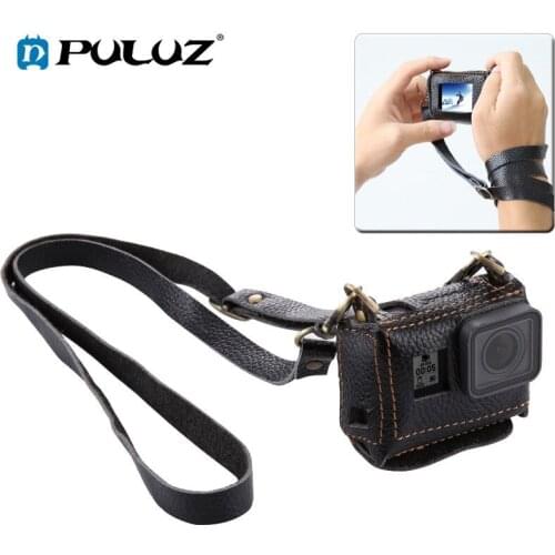 For GoPro HERO 5, PULUZ Genuine Leather Housing Case Cover + Neck Strap & UV Lens