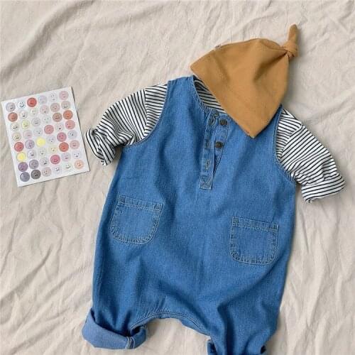 Korean Spring and Autumn Childrens Clothing Unisex Baby Suit Denim Brace Jumpsuit Cotton Striped T-shirt Western Style Suit