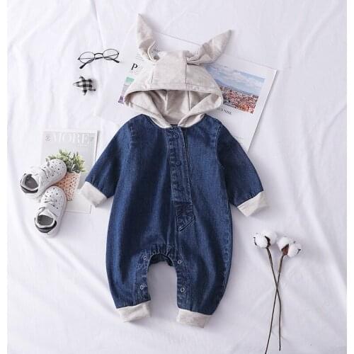 Newborns Infant Baby Denim Rompers Toddler Girls Cute Rabbit Ears Hooded Rompers Clothes Toddler Boys Cowboy Warm Jumpsuit 0-24M