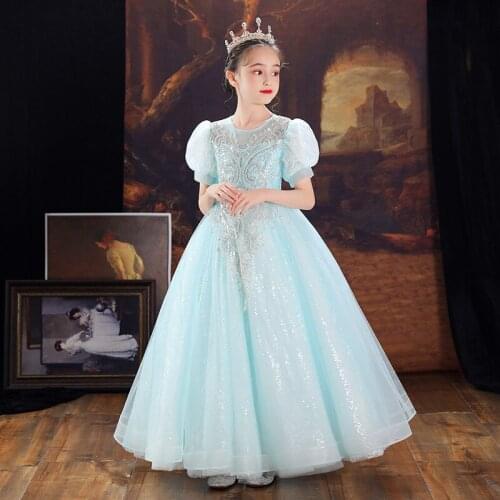 Children Girls New Arrival Elegant Sequined Lace Birthday Wedding Party Ceremony Princess Dress Kids Piano Host Costumes Dress