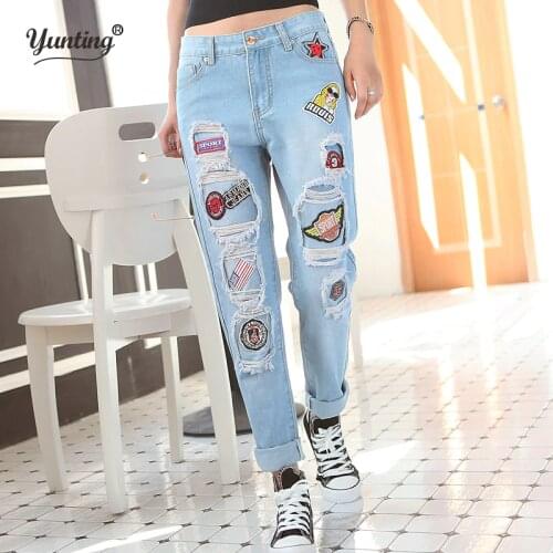 New fashion women casual Loose Women Casual Pencil Pants baggy vintage ripped hole boyfriend denim Long jeans