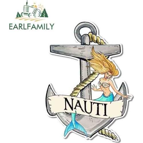 EARLFAMILY 13cm x 9.4cm Nauti Anchor with Mermaid Vinyl Decal Sticker Car Truck Boat Cup Cooler Car Sticker Waterproof Graphic